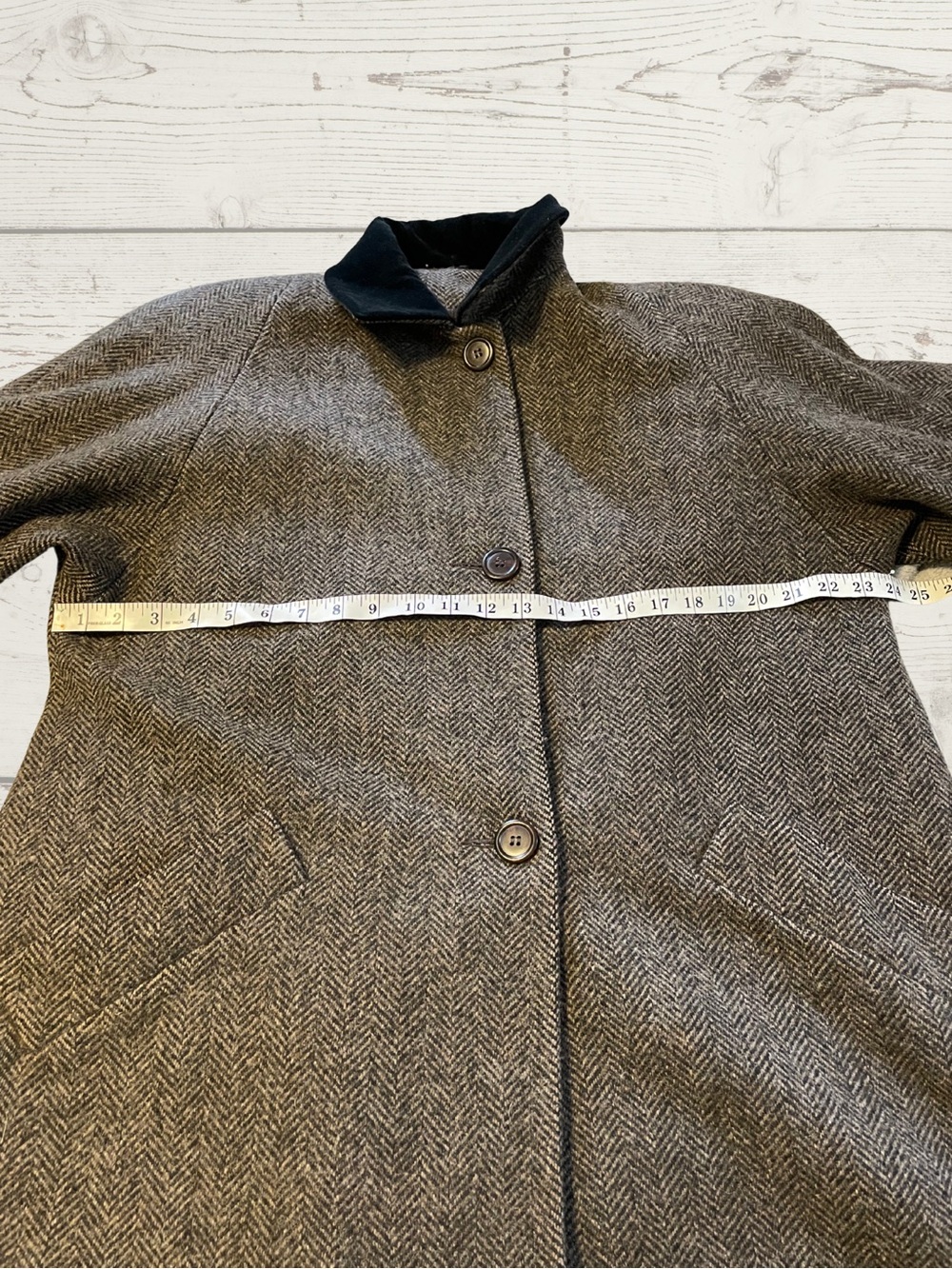 JONES NEW YORK Vintage Wool Tweed Velvet Collar Coat Women's L XL Herringbone 80 - Picture 12 of 16